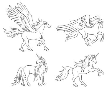 Set of two unicorns and two pegasis in contours. Vector illustration. EPS8 clipart