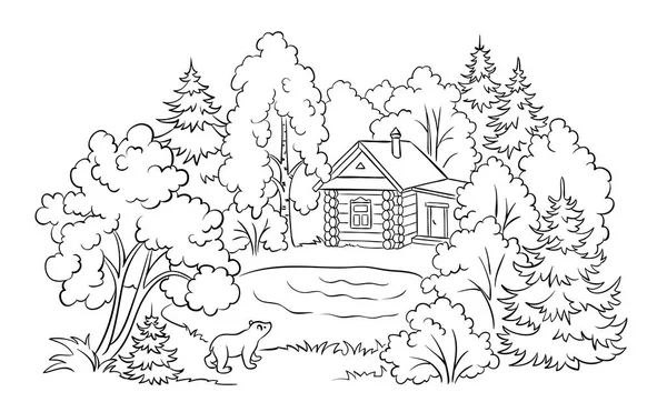 Small Log House Forest Lake Bear Cub Looking House Coloring — Stock Vector