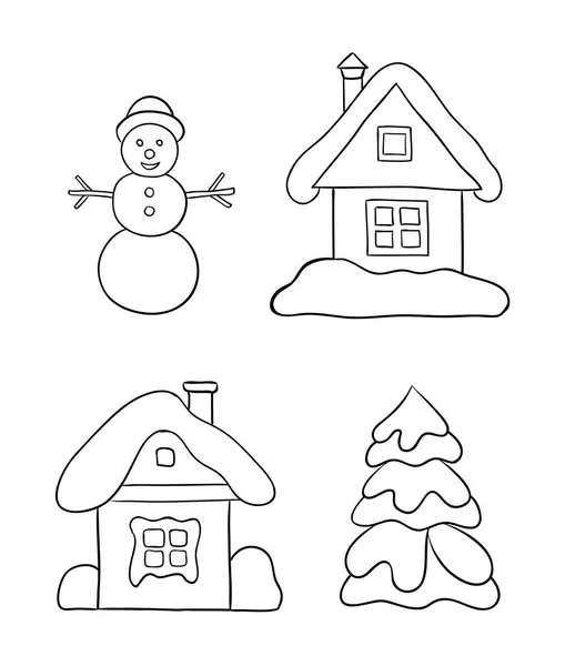 Conjunto Dibujos Invierno Para Colorear Dos Casas Muñeco Nieve Abeto — Archivo Imágenes Vectoriales