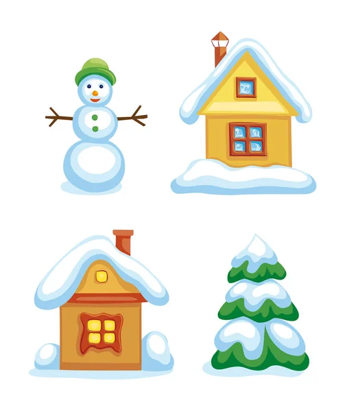 軒の家の冬アイコンのセット雪だるまとモミの木 — ストックベクタ
