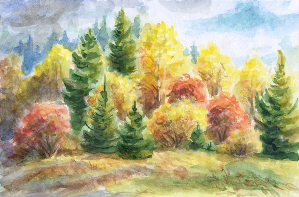 秋の森-水彩画風景画 — ストック写真