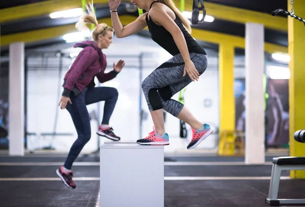 Group Young Healthy Athletic People Training Jumping Fit Box Cross — Stock Photo, Image