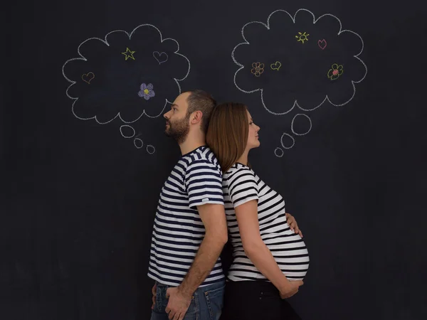 Portrait Husband Pregnant Wife Posing Black Chalk Drawing Board — Stock Photo, Image