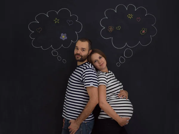 Portrait Husband Pregnant Wife Posing Black Chalk Drawing Board — Stock Photo, Image