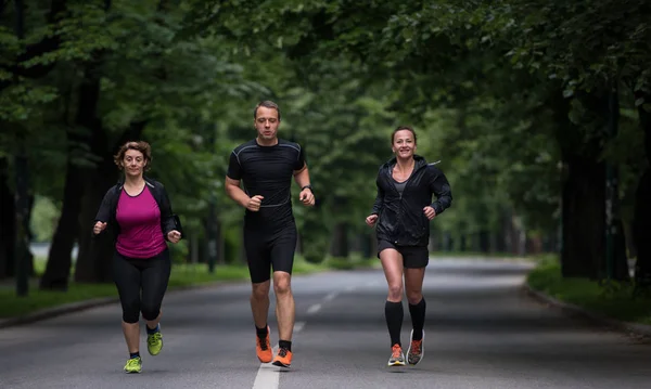 Grupa Zdrowych Osób Uprawiających Jogging Parku Miejskim Zespół Biegaczy Porannym — Zdjęcie stockowe