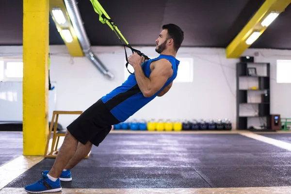 Young Athlete Man Working Out Pull Ups Gymnastic Rings Cross — Stock Photo, Image