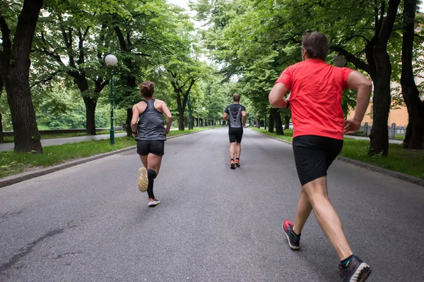 Група Здорових Людей Бігають Міському Парку Команда Бігунів Ранковому Тренуванні — стокове фото
