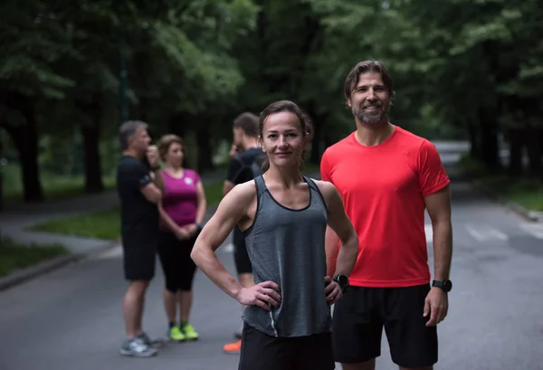 Portrait Healthy Jogging Couple Rest Running Team Background — Stock Photo, Image