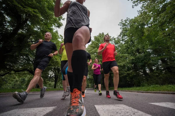 Gruppe Gesunder Joggt Stadtpark Läuferteam Beim Morgentraining — Stockfoto