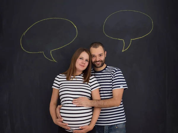 Portrait Husband Pregnant Wife Posing Black Chalk Drawing Board — Stock Photo, Image