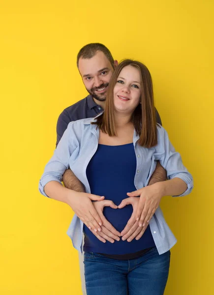 Retrato Una Feliz Pareja Joven Hombre Sosteniendo Vientre Esposa Embarazada —  Fotos de Stock