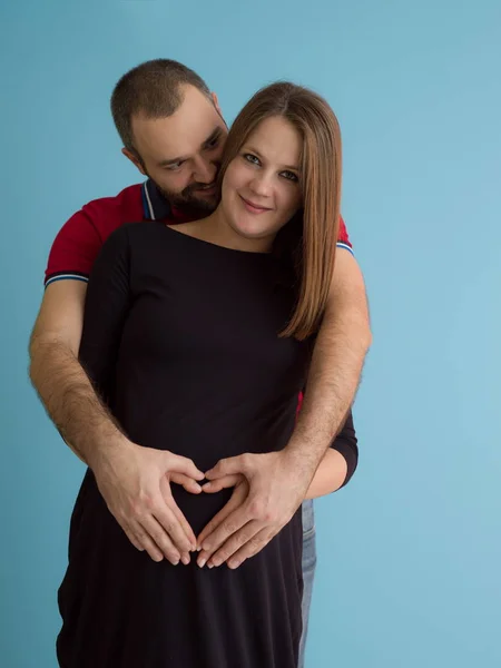 Portrait Happy Young Couple Man Holding His Pregnant Wife Belly — Stock Photo, Image