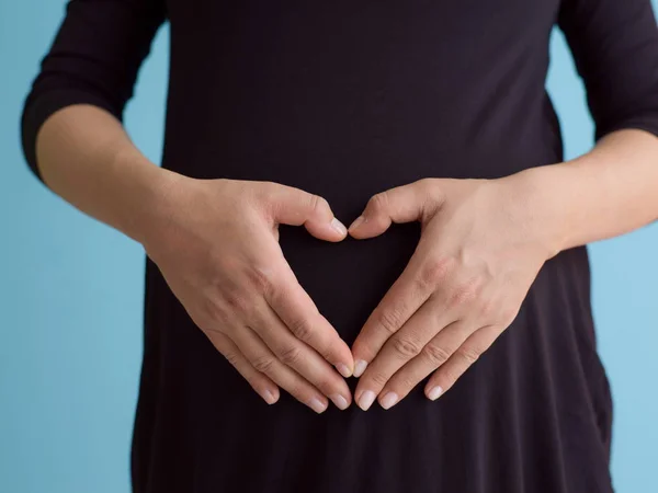 Portrait Happy Pregnant Woman Hands Belly Isolated Blue Background — Stock Photo, Image