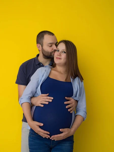 Portrait Happy Young Couple Man Holding His Pregnant Wife Belly — Stock Photo, Image