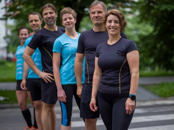 Portrait Group Healthy People Jogging City Park Runners Team Morning — Stock Photo, Image