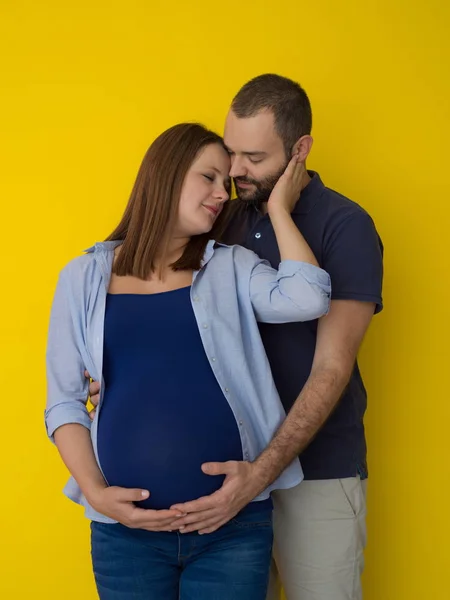 Portrait Happy Young Couple Man Holding His Pregnant Wife Belly — Stock Photo, Image