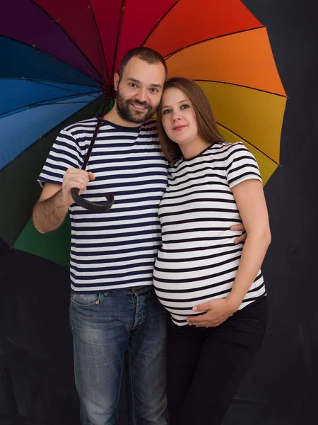 Portrait Husband Pregnant Wife Posing Colorful Umbrella Front Black Chalk — Stock Photo, Image