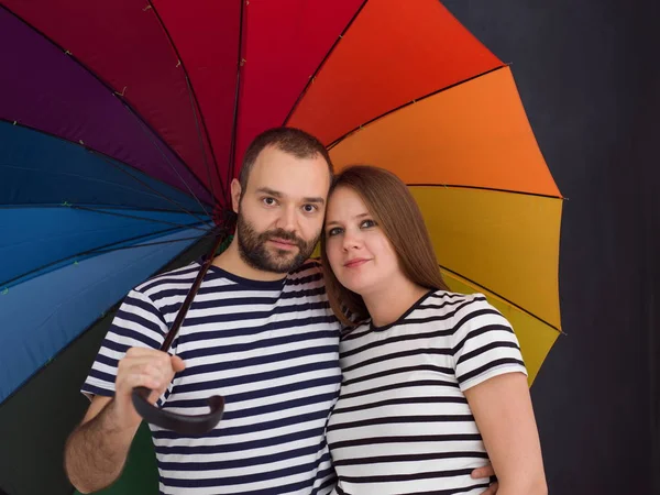 Portrait Husband Pregnant Wife Posing Colorful Umbrella Front Black Chalk — Stock Photo, Image