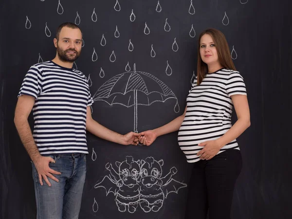 Conceptual Photo Pregnant Couple Drawing Imaginations Future Life Children Chalk — Stock Photo, Image