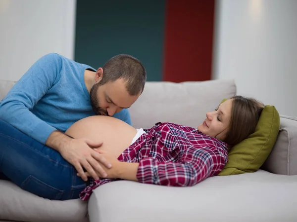 Happy Future Dad Listening Belly His Pregnant Wife While Relaxing Stock Picture