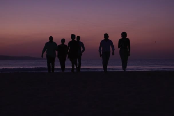 Силуэт Замедленного Движения Группа Молодых Людей После Пляжной Вечеринки Красивом — стоковое видео