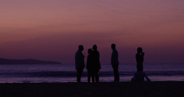 Grupo Silueta Cámara Lenta Los Jóvenes Después Fiesta Playa Hermosa — Vídeo de stock