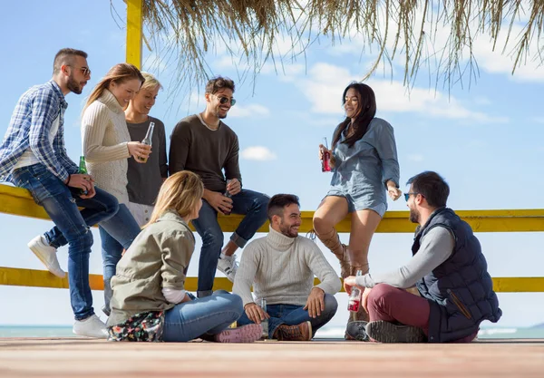 Glückliche Gruppe Von Freunden Die Strandhaus Abhängen Spaß Haben Und — Stockfoto