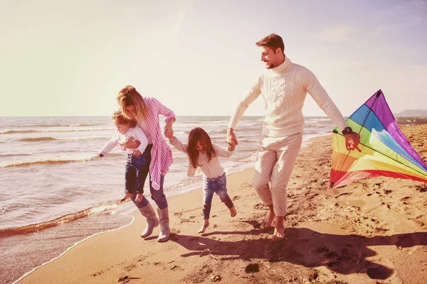 Young Family Kids Resting Having Fun Kite Beach Autumn Day — Stock Photo, Image