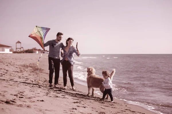 秋の日のフィルターの間にビーチで犬と凧で楽しんでいる子供たちと幸せな若い家族 — ストック写真