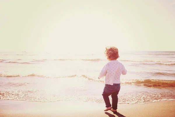 Adorable Little Girl Having Fun Beach Autumn Day Happy Baby — Stock Photo, Image