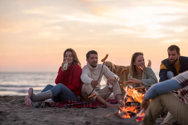 Groupe Jeunes Amis Assis Coin Feu Plage Automne Griller Des — Photo