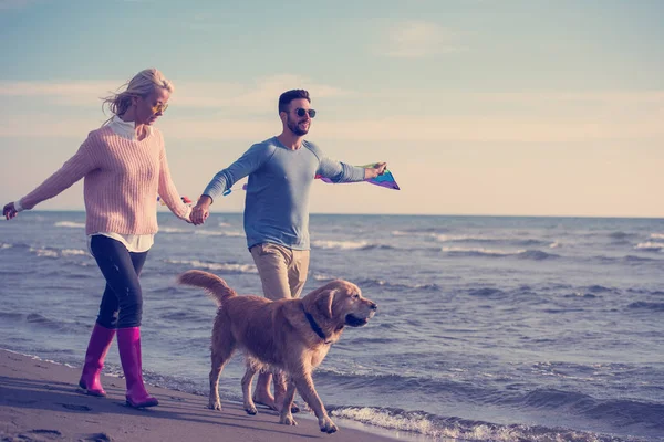 若いカップルが楽しんで犬 秋の日にビーチにカイトで遊んで — ストック写真