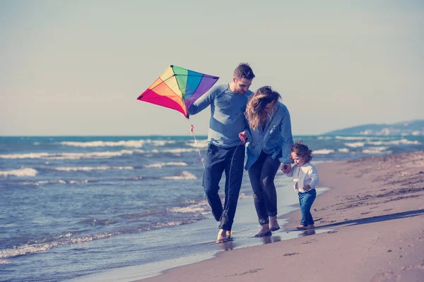 Young Family Kids Resting Having Fun Kite Beach Autumn Day — Stock Photo, Image