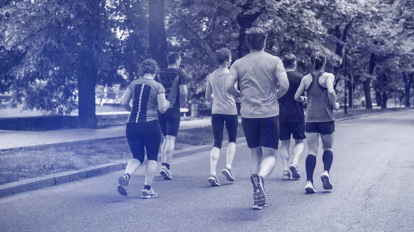 Gruppo Persone Sane Che Fanno Jogging Nel Parco Cittadino Squadra — Foto Stock