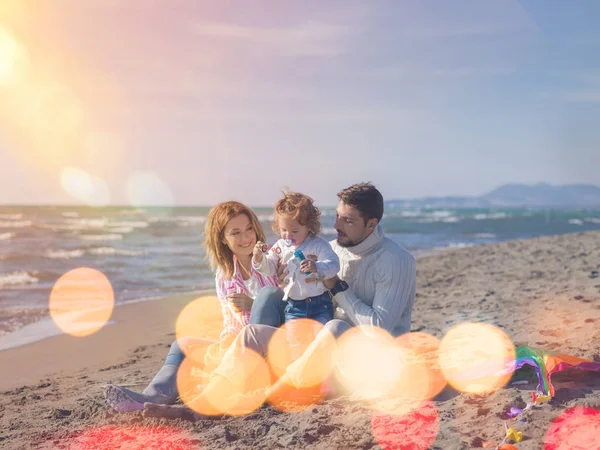 Family Little Daughter Resting Having Fun Making Soap Bubble Beach — Stock Photo, Image