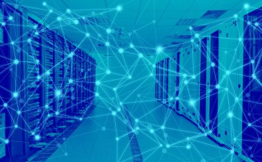 Dijital televizyon için bilgisayar rafları ve dijital alıcısı olan internet ağı sunucu odası