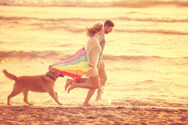 Pareja Joven Divirtiéndose Jugando Con Perro Cometa Playa Día Otoño —  Fotos de Stock