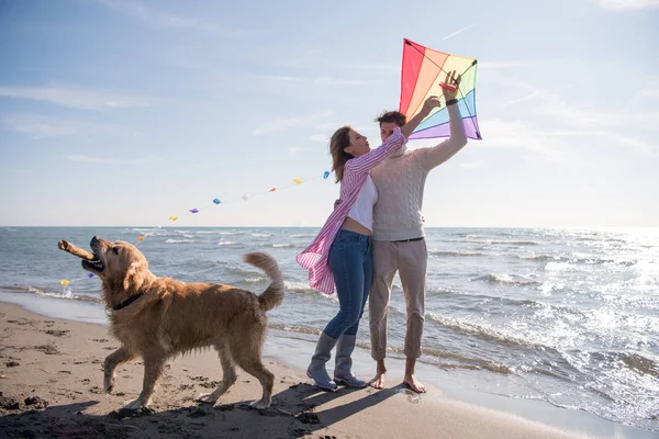 Młoda Para Zabawy Zabawy Psem Latawcem Plaży Jesienny Dzień — Zdjęcie stockowe