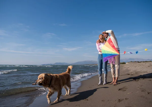 若いカップルが楽しんで犬 秋の日にビーチにカイトで遊んで — ストック写真