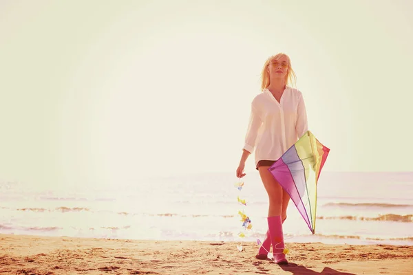 Beautiful Young Woman Having Fun Kite Beach Autumn Day Filter — Stock Photo, Image