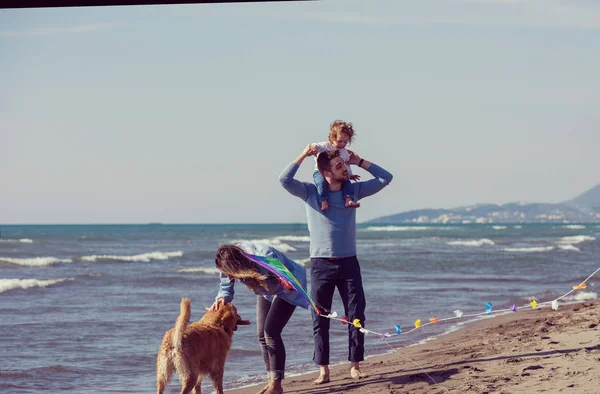 Happy Young Family Kids Having Fun Dog Kite Beach Autumn — Stock Photo, Image