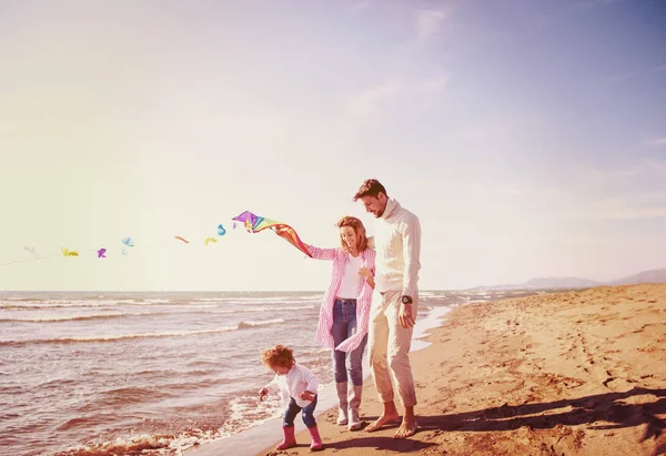 Young Family Kids Resting Having Fun Kite Beach Autumn Day — Stock Photo, Image