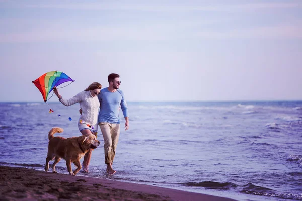 若いカップルは 秋の日のフィルターでビーチで犬とカイトと遊ぶのを楽しんでいます — ストック写真
