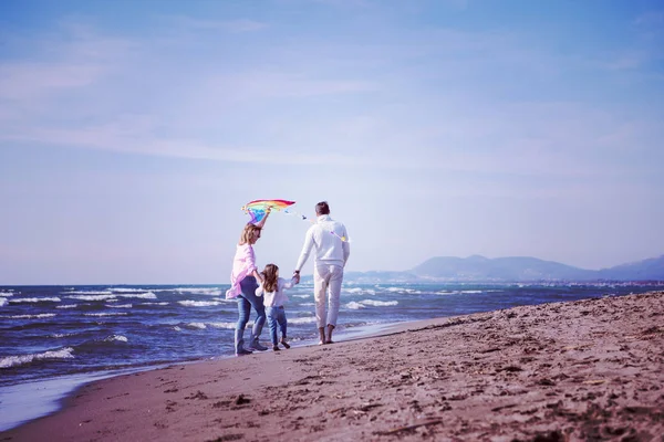 Young Family Kids Resting Having Fun Kite Beach Autumn Day — Stock Photo, Image