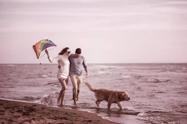 Jeune Couple Amuser Jouer Avec Chien Cerf Volant Sur Plage — Photo