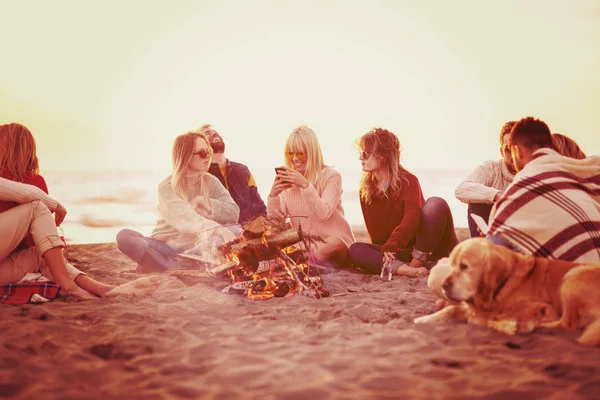 Happy Carefree Young Friends Having Fun Drinking Beer Bonefire Beach — Stock Photo, Image