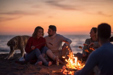 Bir grup genç arkadaş sonbahar kumsalında ateşin başında oturmuş sosis pişiriyor, bira içiyor, konuşuyor ve eğleniyorlar.