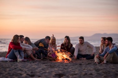 Bir grup genç arkadaş sonbahar kumsalında ateşin başında oturmuş sosis pişiriyor, bira içiyor, konuşuyor ve eğleniyorlar.