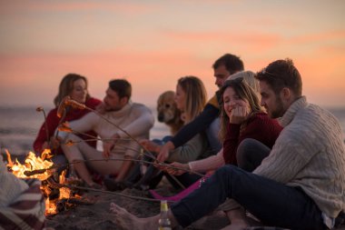 Group of young friends sitting by the fire at autumn beach, grilling sausages and drinking beer, talking and having fun clipart