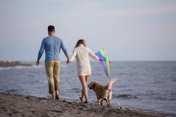 Młoda Para Zabawy Zabawy Psem Latawcem Plaży Jesienny Dzień — Zdjęcie stockowe